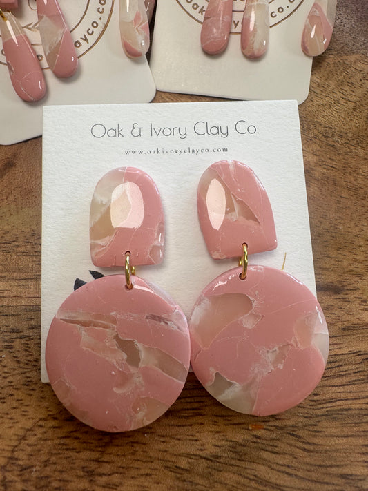 Organic circle type marbled pink earrings polymer clay