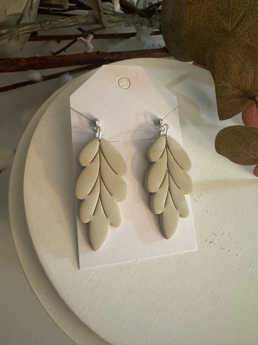Polymer clay earrings leaf style dangle drop “Marie” light green taupe color